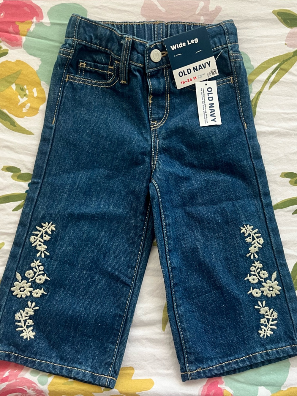 Old Navy Dark Blue Straight Leg Jeans with White Floral Embroidery